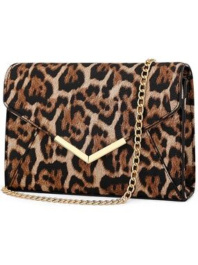 〽️ Women's Leopard Faux Leather Clutch Purses Metal Chain Crossbody Bags